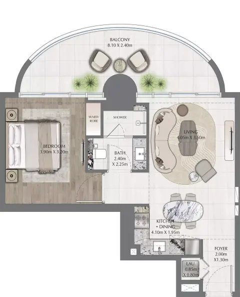 Plattegrond van 1 slaapkamer in One Residence