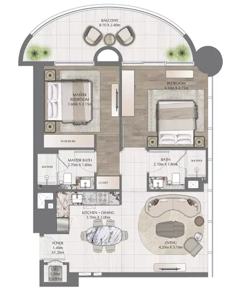 Plattegrond van 2 slaapkamers in One Residence
