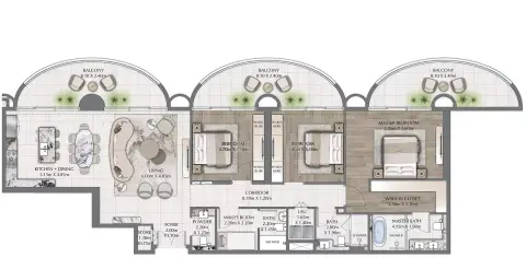 Plattegrond van 3 slaapkamers in One Residence