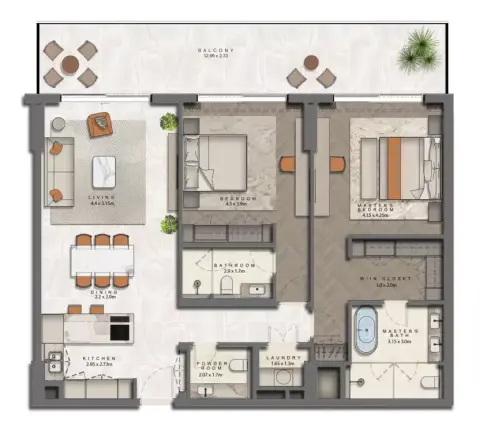 Plattegrond van 2 slaapkamers in The Arthouse