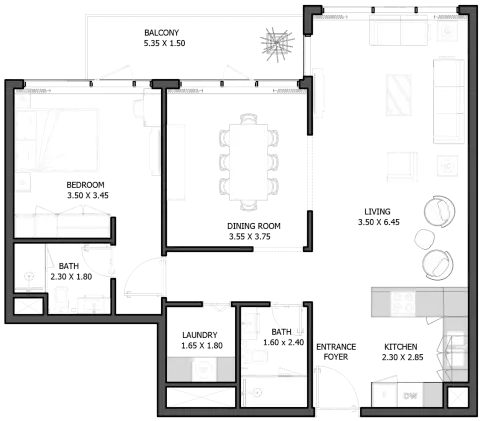 Plattegrond van 1 slaapkamer in Selina Bay By Reportage