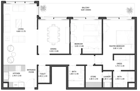 Plattegrond van 2 slaapkamers in Selina Bay By Reportage
