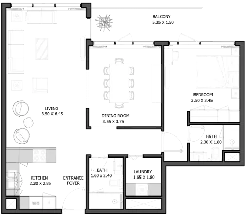 Plattegrond van 1 slaapkamer in Selina Bay By Reportage