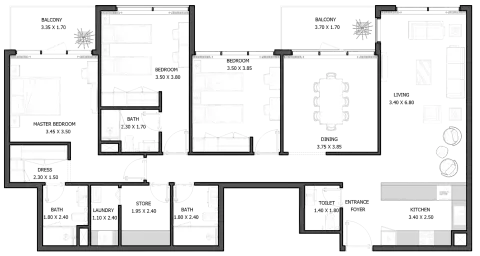 Plattegrond van 3 slaapkamers in Selina Bay By Reportage