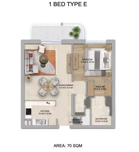 Plattegrond van 1 slaapkamer in Nouran Living