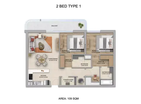 Plattegrond van 2 slaapkamers in Nouran Living