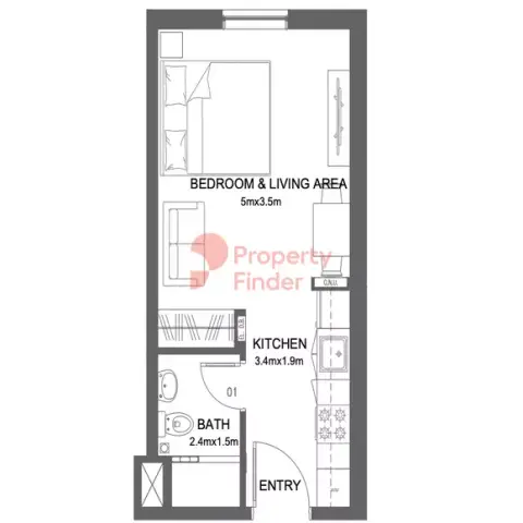 Plattegrond van Studio in Reeman Living By Aldar Properties