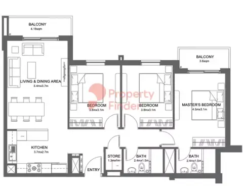 Plattegrond van 3 slaapkamers in Reeman Living By Aldar Properties