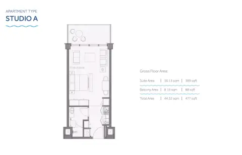 Plattegrond van Studio in Yas Beach Residences