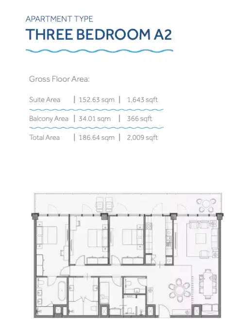Plattegrond van 3 slaapkamers in Yas Beach Residences