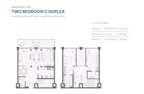 Plattegrond van 2 slaapkamers in Yas Beach Residences