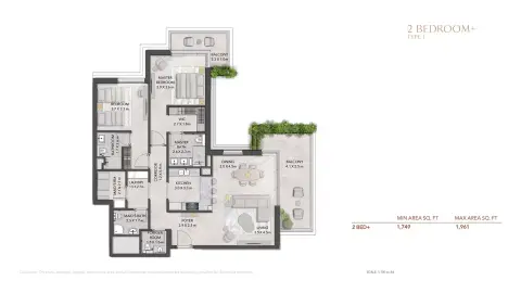 Plattegrond van 2 slaapkamers in Serra at Ghaf Woods