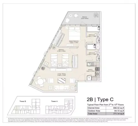 Plattegrond van 2 slaapkamers in Diva Yas Island