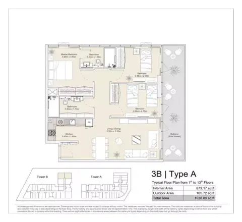 Plattegrond van 3 slaapkamers in Diva Yas Island