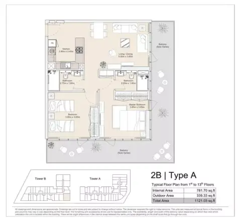 Plattegrond van 2 slaapkamers in Diva Yas Island