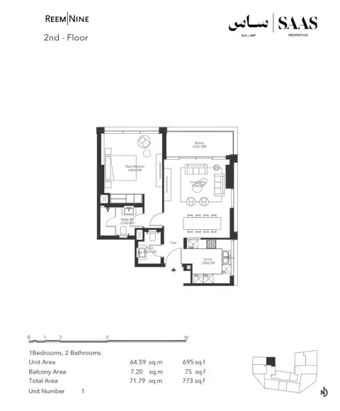Plattegrond van 1 slaapkamer in Reem Nine