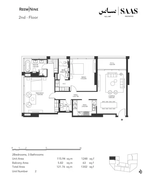 Plattegrond van 2 slaapkamers in Reem Nine