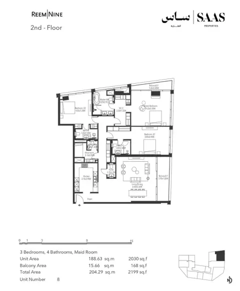 Plattegrond van 3 slaapkamers in Reem Nine
