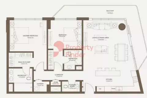 Plattegrond van 2 slaapkamers in The Source By Aldar