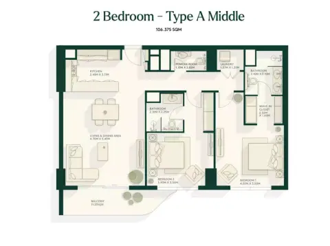 Plattegrond van 2 slaapkamers in Gardenia Bay