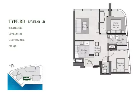 Plattegrond van 2 slaapkamers in Radiant Square