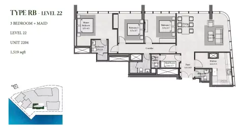 Plattegrond van 3 slaapkamers in Radiant Square