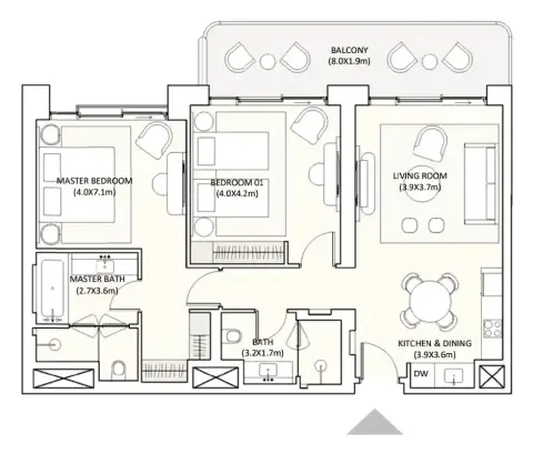 Plattegrond van 2 slaapkamers in Ramhan Island