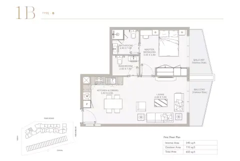 Plattegrond van 1 slaapkamer in Perla Phase 3 By Reportage