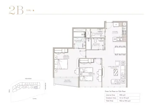 Plattegrond van 2 slaapkamers in Perla Phase 3 By Reportage