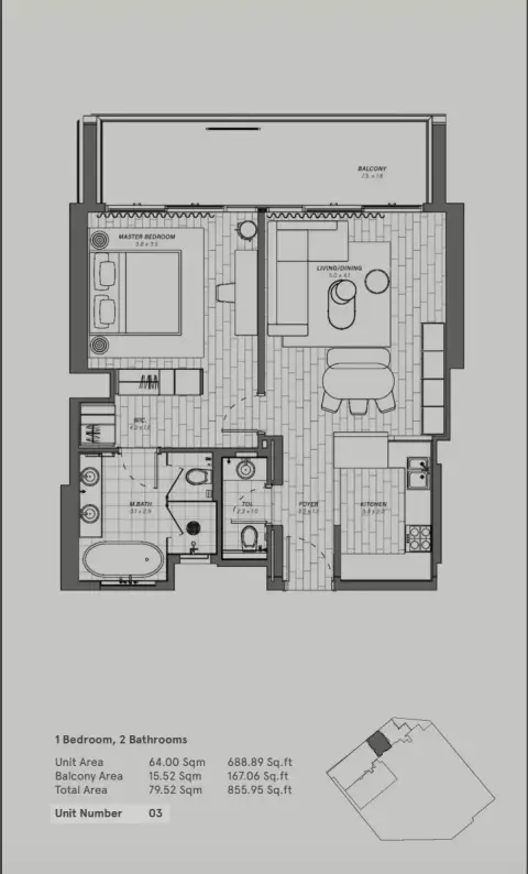 Plattegrond van 1 slaapkamer in Reem Eleven