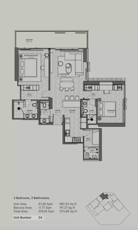 Plattegrond van 2 slaapkamers in Reem Eleven