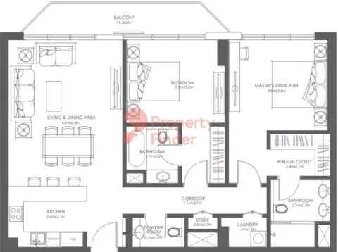 Plattegrond van 2 slaapkamers in Louvre Abu Dhabi Residences