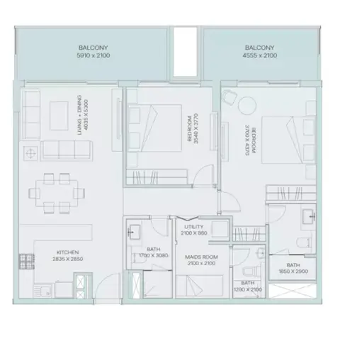 Plattegrond van 2 slaapkamers in The Haven Phase 3 By Meraki Developers