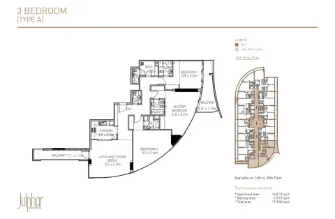 Plattegrond van 3 slaapkamers in Julphar Residence