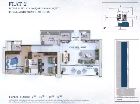 Plattegrond van 2 slaapkamers in Marsa Al Arab Tower