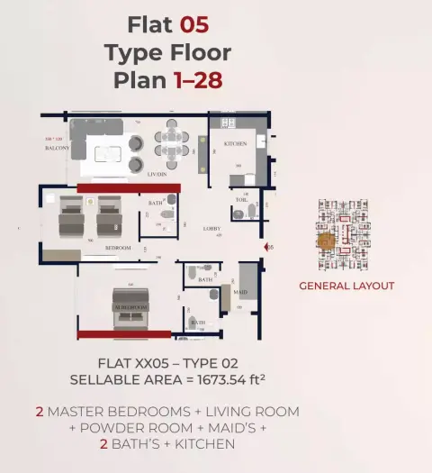 Plattegrond van 2 slaapkamers in Al Teneiji Tower