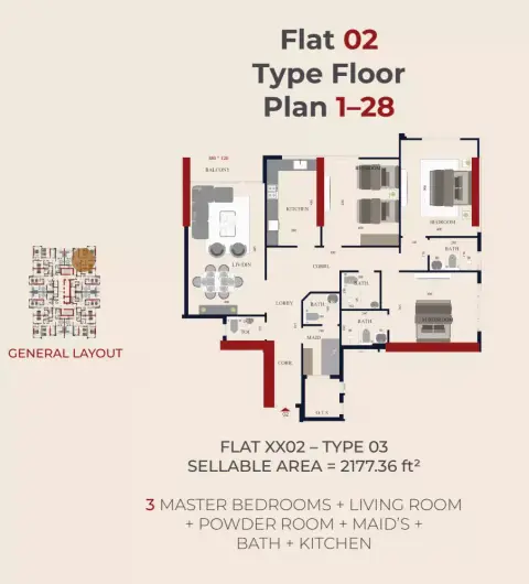 Plattegrond van 3 slaapkamers in Al Teneiji Tower
