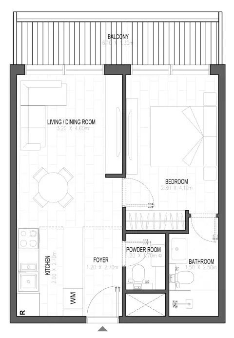 Plattegrond van 1 slaapkamer in Olfah