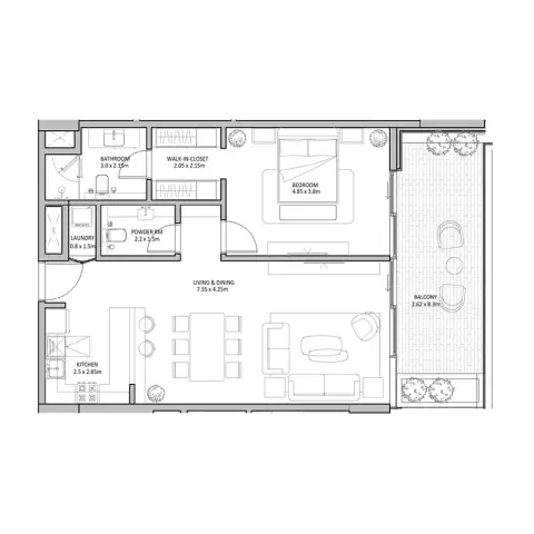 Plattegrond van 1 slaapkamer in Blue Beach Residence