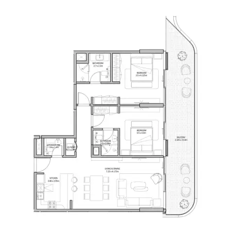 Plattegrond van 2 slaapkamers in Blue Beach Residence