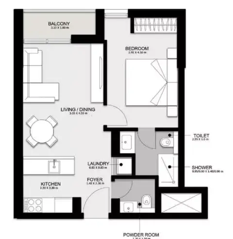 Plattegrond van 1 slaapkamer in Nama Phase 3 By Alef Group
