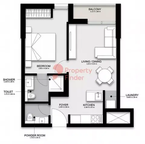 Plattegrond van 1 slaapkamer in Darb Phase 3 By Alef Group