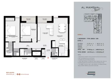 Plattegrond van 2 slaapkamers in Darb Phase 2 By Alef Group