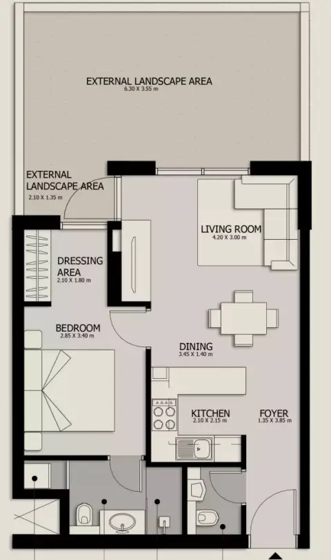 Plattegrond van 1 slaapkamer in Suroor Phase 3 By Alef Group