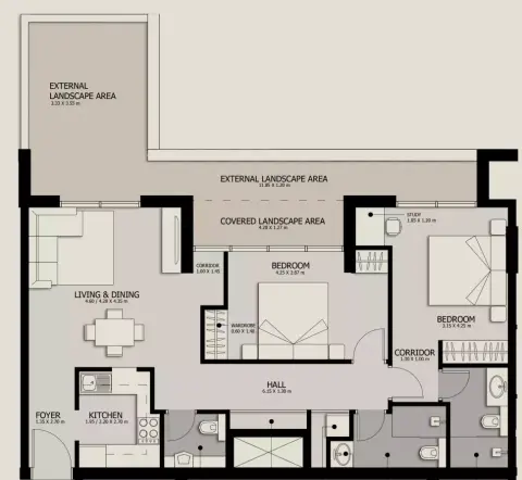 Plattegrond van 2 slaapkamers in Suroor Phase 3 By Alef Group