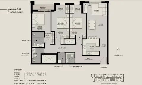 Plattegrond van 3 slaapkamers in Sawa phase 2 By Alef Group