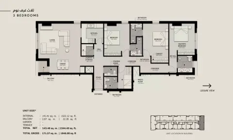 Plattegrond van 3 slaapkamers in Sawa phase 3 By Alef Group