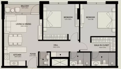 Plattegrond van 2 slaapkamers in Suroor By Alef Group