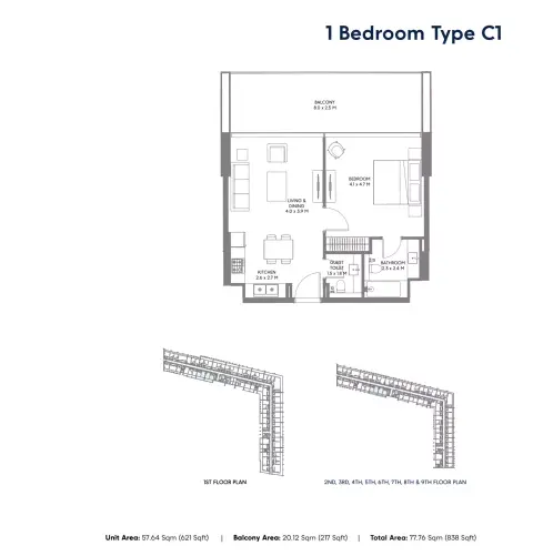 Plattegrond van 1 slaapkamer in Safa Parkview