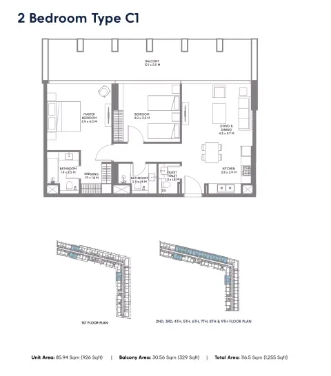Plattegrond van 2 slaapkamers in Safa Parkview